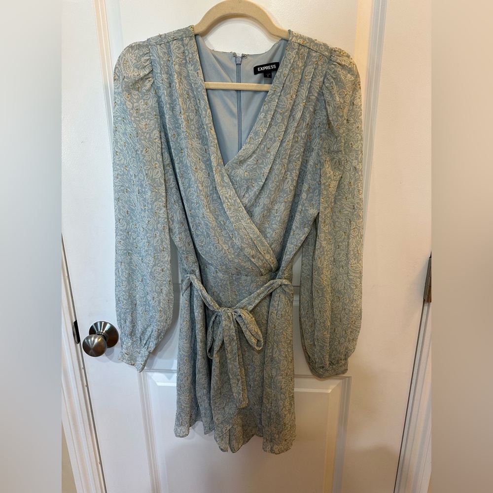 Express Sky Blue Dress with Gold Floral Accents